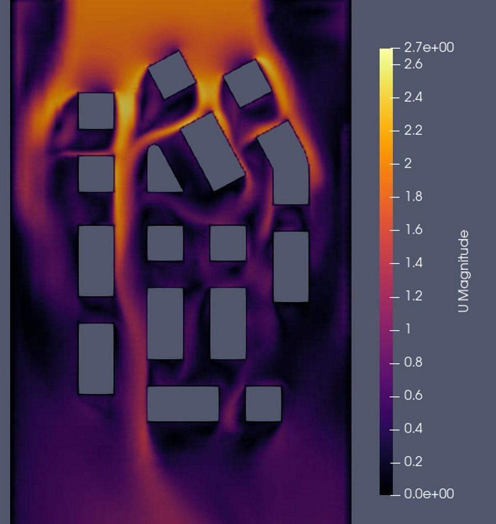 Wind velocity magnitude heatmap around city buildings